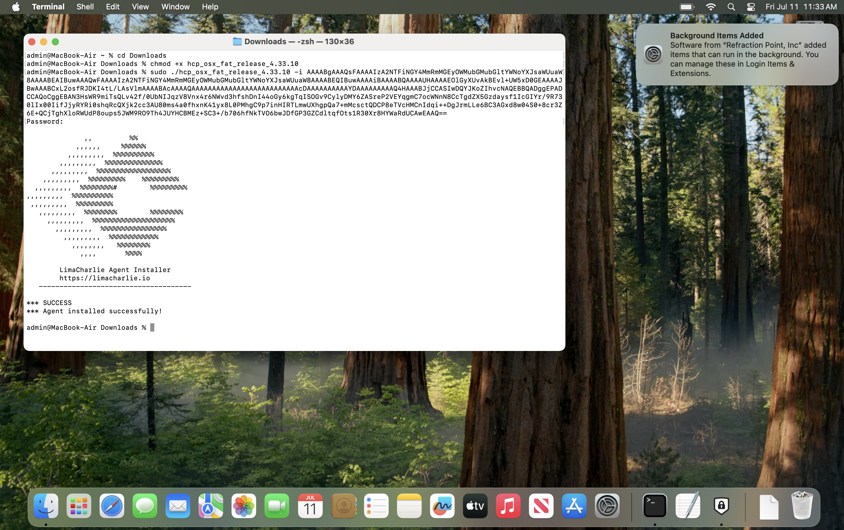 macOS Terminal application showing LimaCharlie installation