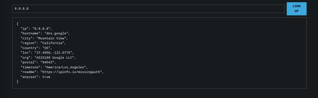 The IP lookup app: an input containing "8.8.8.8" with a "Look up" button, and a monospace card below showing the returned JSON (hostname dns.google, city Mountain View, org AS15169 Google LLC).