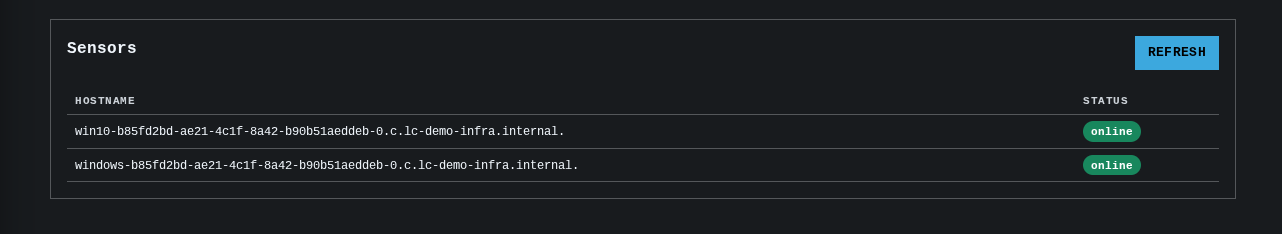 A console-styled "Sensors" card with a Refresh button, listing sensor hostnames with green "online" status badges.
