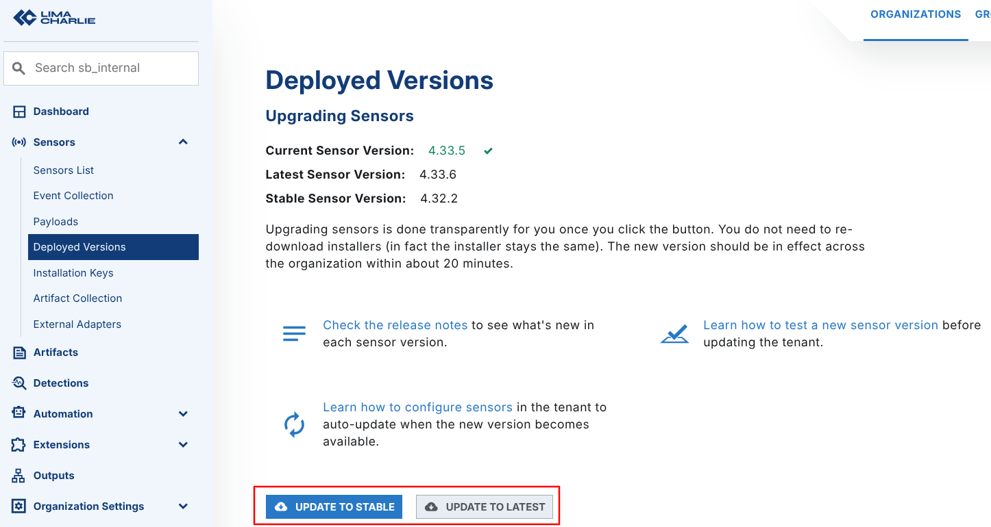 Update Sensors - LimaCharlie Documentation